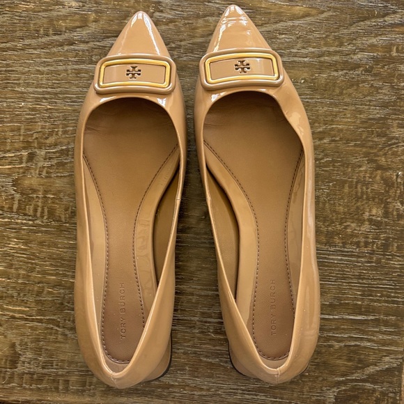 Tory Burch Shoes - Tory Burch Tan Patent Leather Pointed-Toe Flats with Logo Buckle